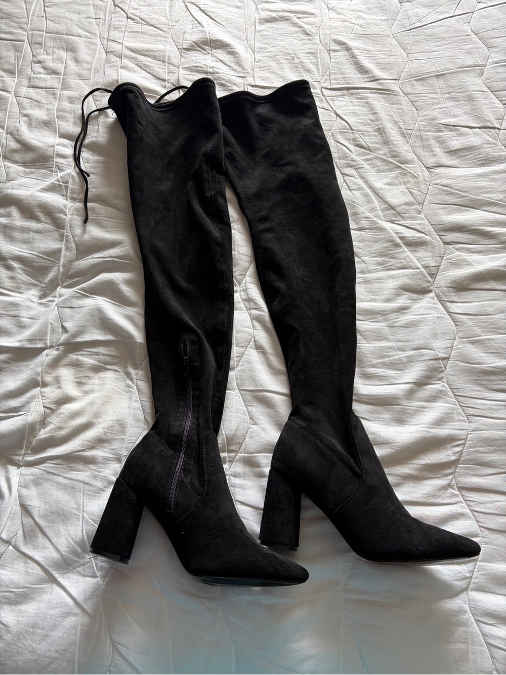 Black Over-the-Knee Block Heel Boots with Side Zip